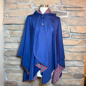 RainCaper Womens Blue Red Hooded Poncho Rain Coat Geometric Print Trim One Size